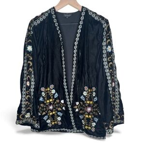 Black Velvet Embroidered Multicolor Floral‎ Open Cardigan Bohemian Sz 10